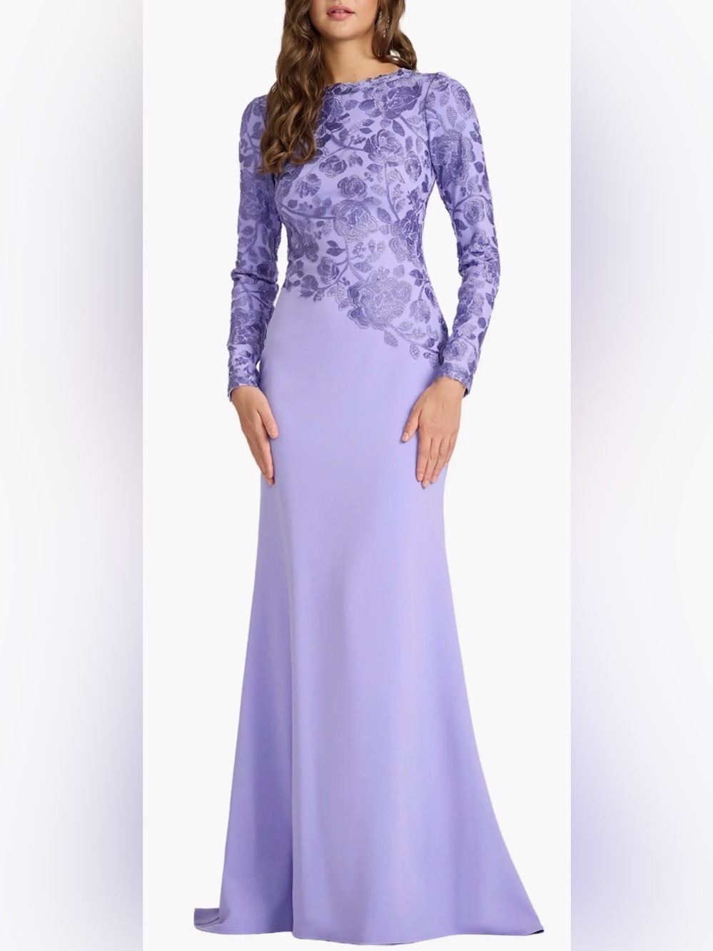 NEW Tadashi Shoji Kisha Floral Embroidered Long Sleeve Mermaid purple Gown Sz 4